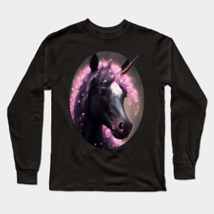 Unicorn Black and Pink Fairy Surreal Fantasy Creature Portrait Long Sleeve T-Shirt